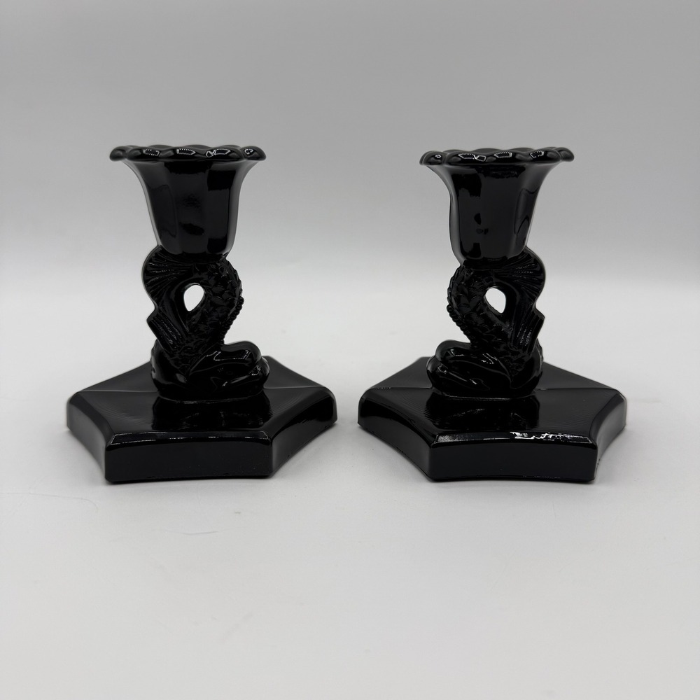 VTG Westmoreland Black Amethyst/Milk Glass Dolphin Candlestick Holders - Pair